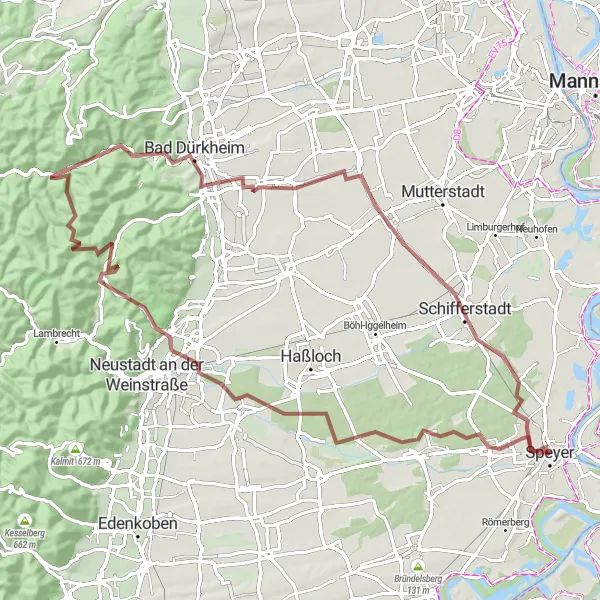 Karten-Miniaturansicht der Radinspiration "Auf den Spuren der Römer: Ein 88 km langes Gravel-Abenteuer" in Rheinhessen-Pfalz, Germany. Erstellt vom Tarmacs.app-Routenplaner für Radtouren