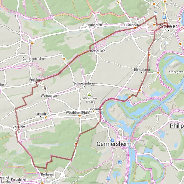 Map miniature of "Faszinierende Rheinwiesen" cycling inspiration in Rheinhessen-Pfalz, Germany. Generated by Tarmacs.app cycling route planner