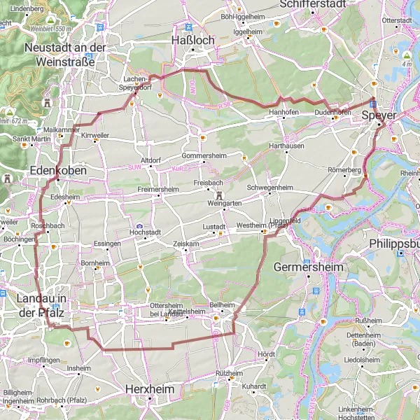 Map miniature of "Around Speyer through Rheinhessen-Pfalz" cycling inspiration in Rheinhessen-Pfalz, Germany. Generated by Tarmacs.app cycling route planner