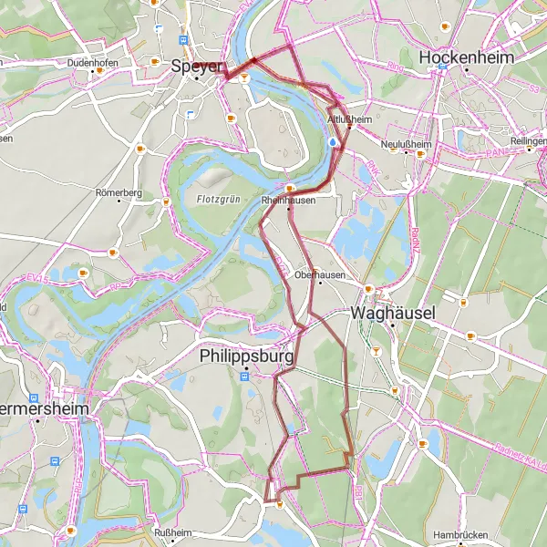 Karten-Miniaturansicht der Radinspiration "Rundfahrt um Speyer und Altlußheim" in Rheinhessen-Pfalz, Germany. Erstellt vom Tarmacs.app-Routenplaner für Radtouren