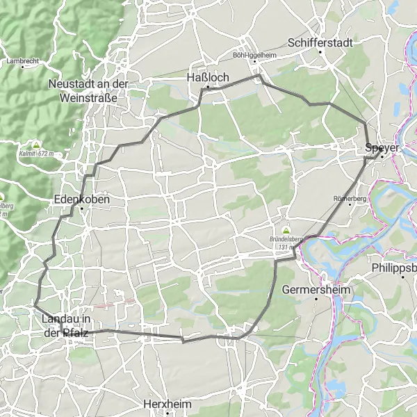 Map miniature of "The Vineyards of Rheinhessen-Pfalz" cycling inspiration in Rheinhessen-Pfalz, Germany. Generated by Tarmacs.app cycling route planner
