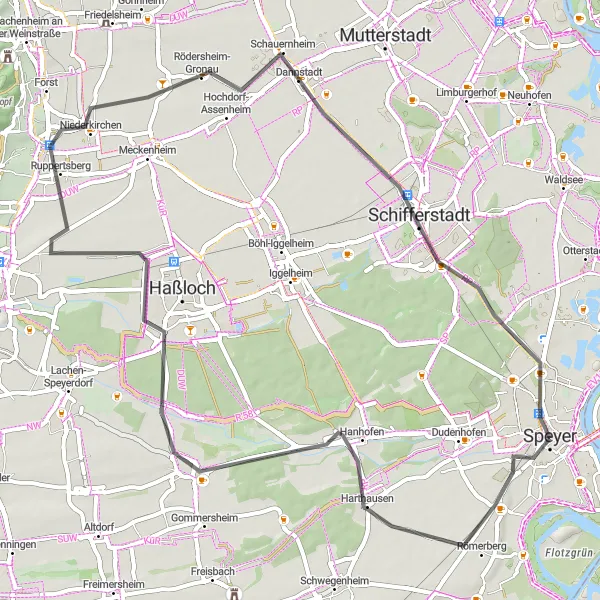 Map miniature of "The Rhine Valley Adventure" cycling inspiration in Rheinhessen-Pfalz, Germany. Generated by Tarmacs.app cycling route planner