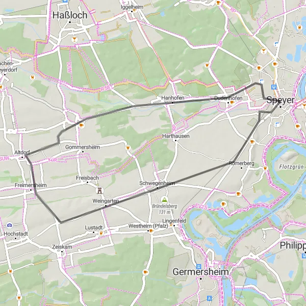 Karten-Miniaturansicht der Radinspiration "Kurze Radtour um Speyer" in Rheinhessen-Pfalz, Germany. Erstellt vom Tarmacs.app-Routenplaner für Radtouren