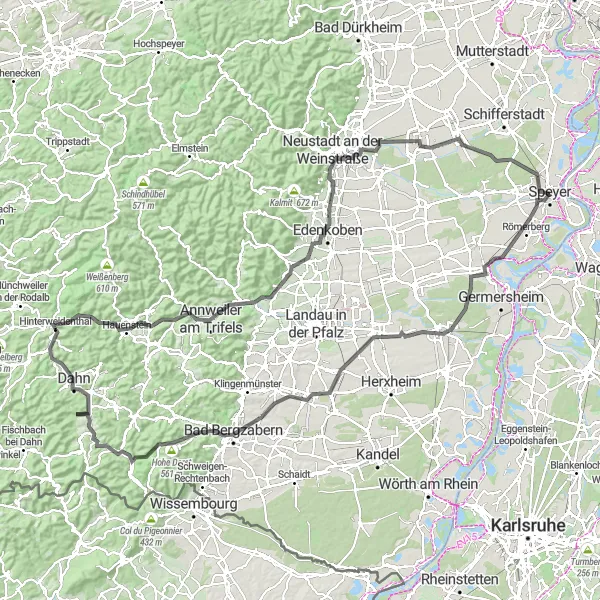 Map miniature of "The Ultimate Palatinate Challenge" cycling inspiration in Rheinhessen-Pfalz, Germany. Generated by Tarmacs.app cycling route planner