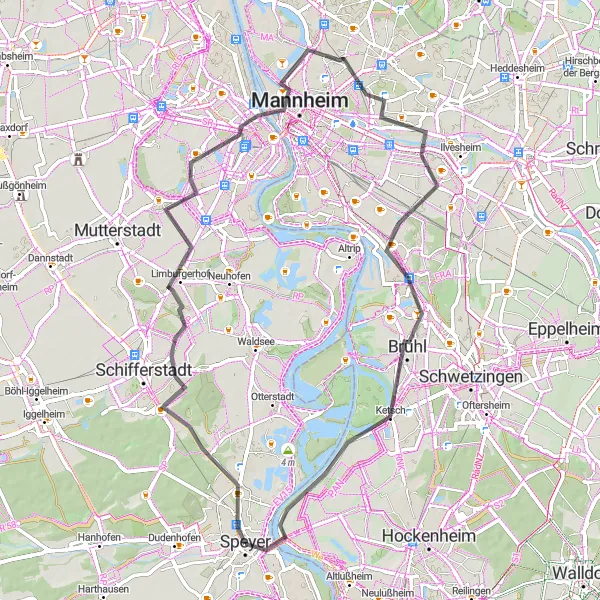 Map miniature of "Rhein-Neckar Loop" cycling inspiration in Rheinhessen-Pfalz, Germany. Generated by Tarmacs.app cycling route planner