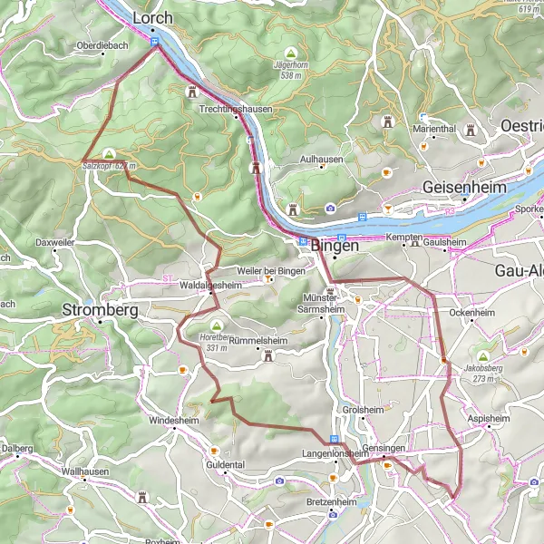 Map miniature of "Through the Vineyards" cycling inspiration in Rheinhessen-Pfalz, Germany. Generated by Tarmacs.app cycling route planner