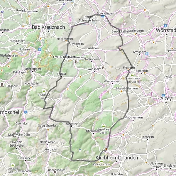 Map miniature of "Gau-Bickelheim loop" cycling inspiration in Rheinhessen-Pfalz, Germany. Generated by Tarmacs.app cycling route planner