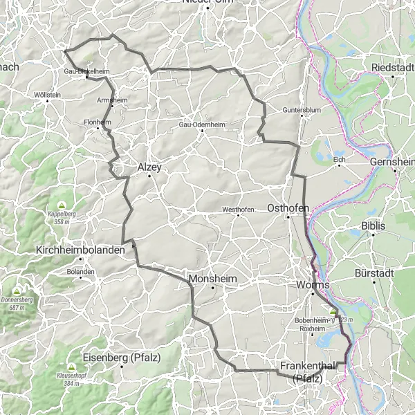 Map miniature of "Wörrstadt loop" cycling inspiration in Rheinhessen-Pfalz, Germany. Generated by Tarmacs.app cycling route planner