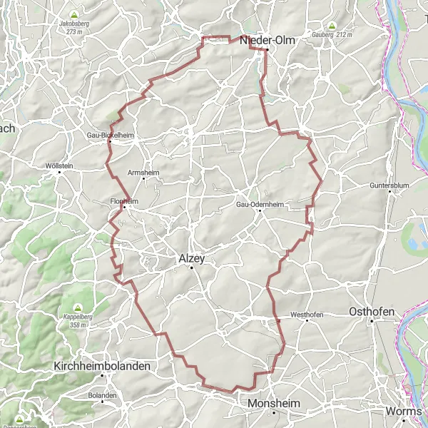 Map miniature of "Undenheim and Flonheim Gravel Cycling Route" cycling inspiration in Rheinhessen-Pfalz, Germany. Generated by Tarmacs.app cycling route planner