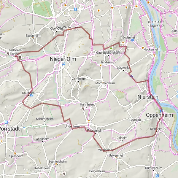 Map miniature of "Klein-Winternheim and Oppenheim Gravel Loop" cycling inspiration in Rheinhessen-Pfalz, Germany. Generated by Tarmacs.app cycling route planner