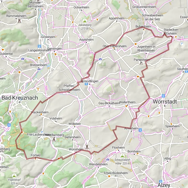 Karten-Miniaturansicht der Radinspiration "Rheinhessen Runde von Stadecken-Elsheim" in Rheinhessen-Pfalz, Germany. Erstellt vom Tarmacs.app-Routenplaner für Radtouren