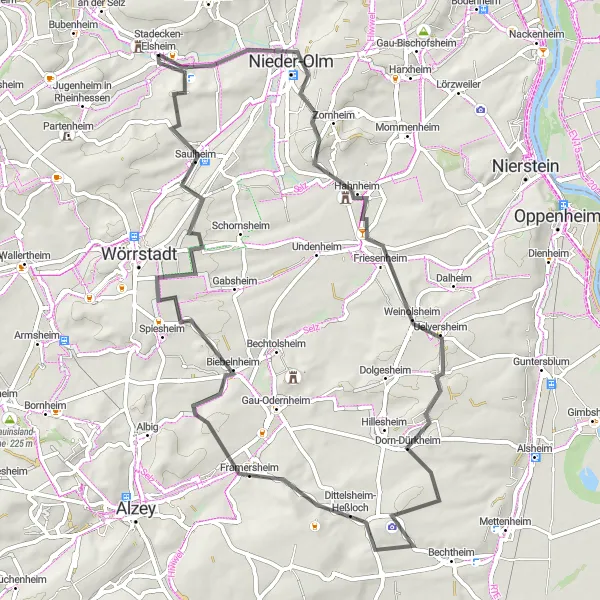 Karten-Miniaturansicht der Radinspiration "Gemütliche Dorfrunde" in Rheinhessen-Pfalz, Germany. Erstellt vom Tarmacs.app-Routenplaner für Radtouren