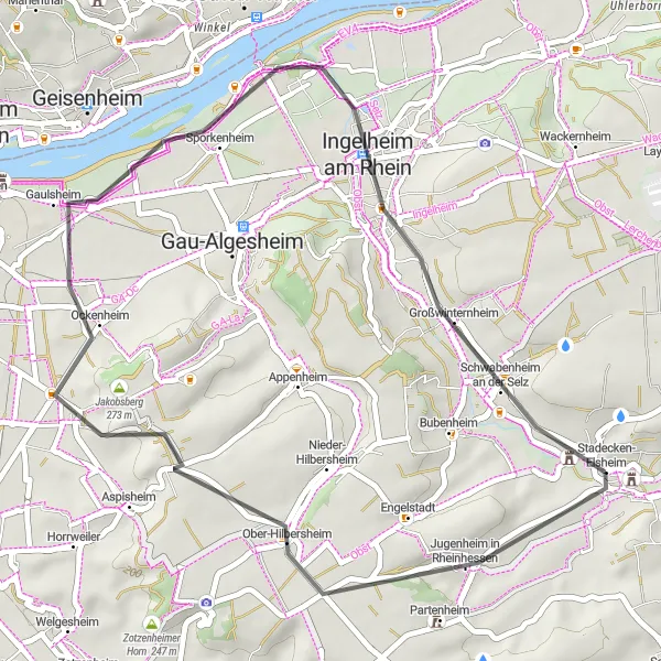 Map miniature of "Ober-Hilbersheim and Schwabenheim Road Cycling Route" cycling inspiration in Rheinhessen-Pfalz, Germany. Generated by Tarmacs.app cycling route planner