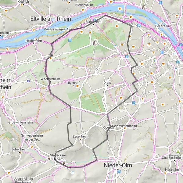 Map miniature of "Heidesheim am Rhein Road Cycling Route" cycling inspiration in Rheinhessen-Pfalz, Germany. Generated by Tarmacs.app cycling route planner