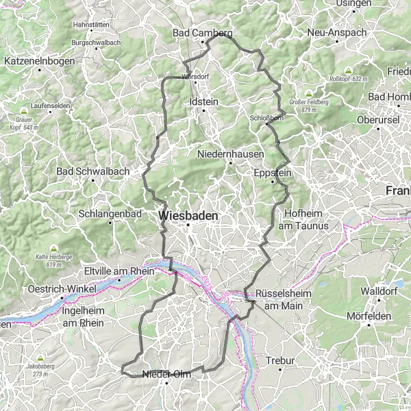 Karten-Miniaturansicht der Radinspiration "Hügelige Panoramatour" in Rheinhessen-Pfalz, Germany. Erstellt vom Tarmacs.app-Routenplaner für Radtouren