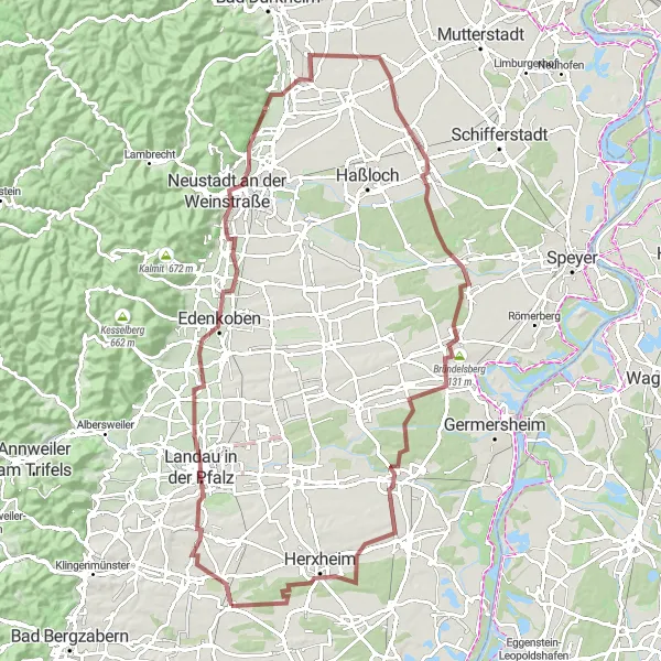 Map miniature of "Gravel Explorer: Rheinhessen-Pfalz" cycling inspiration in Rheinhessen-Pfalz, Germany. Generated by Tarmacs.app cycling route planner