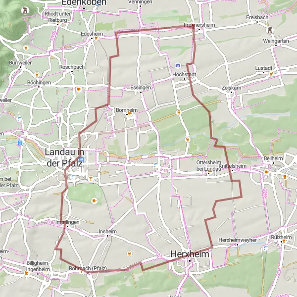 Map miniature of "Hidden Gravel Tracks: Rheinhessen-Pfalz" cycling inspiration in Rheinhessen-Pfalz, Germany. Generated by Tarmacs.app cycling route planner