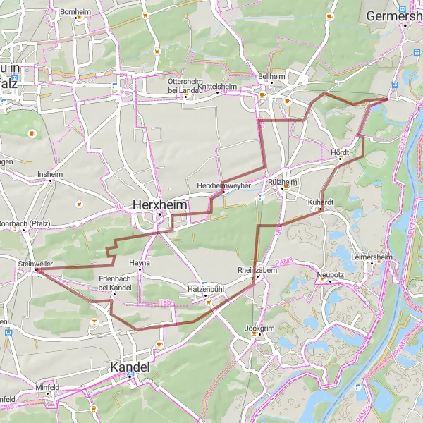 Karten-Miniaturansicht der Radinspiration "48 km lange Gravel-Tour von Herxheim nach Hatzenbühl" in Rheinhessen-Pfalz, Germany. Erstellt vom Tarmacs.app-Routenplaner für Radtouren