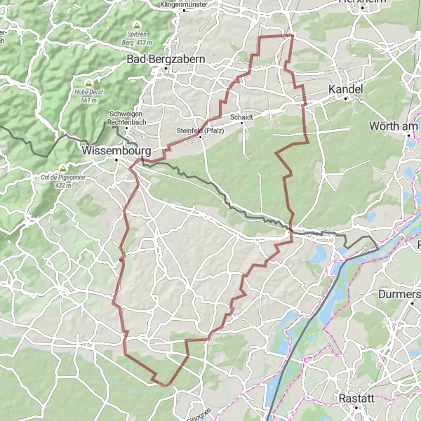 Map miniature of "Rugged Countryside Gravel Adventure" cycling inspiration in Rheinhessen-Pfalz, Germany. Generated by Tarmacs.app cycling route planner