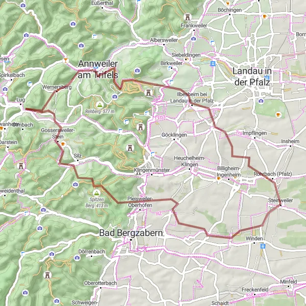 Map miniature of "Mountain Struggle: Rheinhessen-Pfalz" cycling inspiration in Rheinhessen-Pfalz, Germany. Generated by Tarmacs.app cycling route planner
