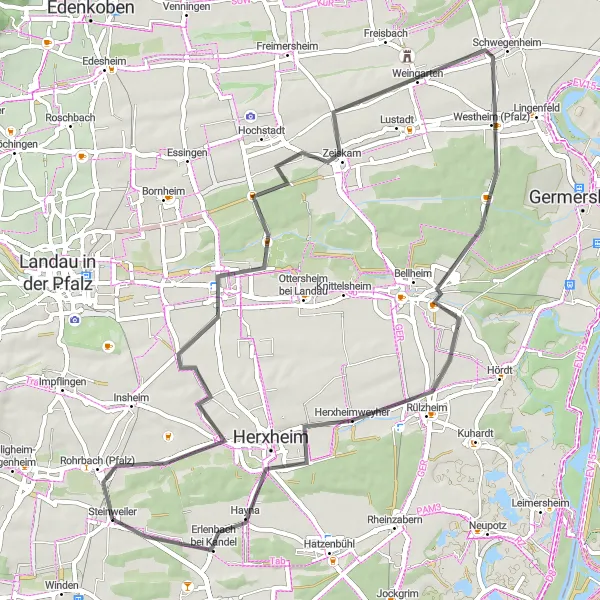 Map miniature of "Steinweiler Road Cycling Tour" cycling inspiration in Rheinhessen-Pfalz, Germany. Generated by Tarmacs.app cycling route planner