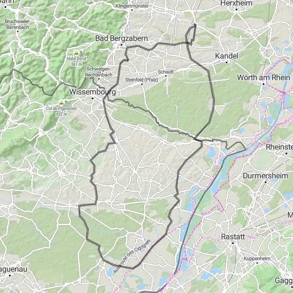 Karten-Miniaturansicht der Radinspiration "Rundtour über 100 km zwischen Minfeld und Schweighofen" in Rheinhessen-Pfalz, Germany. Erstellt vom Tarmacs.app-Routenplaner für Radtouren