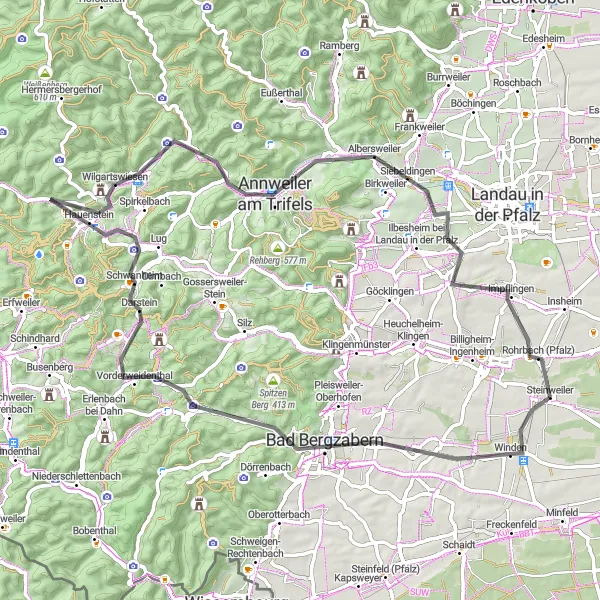 Karten-Miniaturansicht der Radinspiration "72 km lange Tour mit Highlights in Bad Bergzabern und Albersweiler" in Rheinhessen-Pfalz, Germany. Erstellt vom Tarmacs.app-Routenplaner für Radtouren