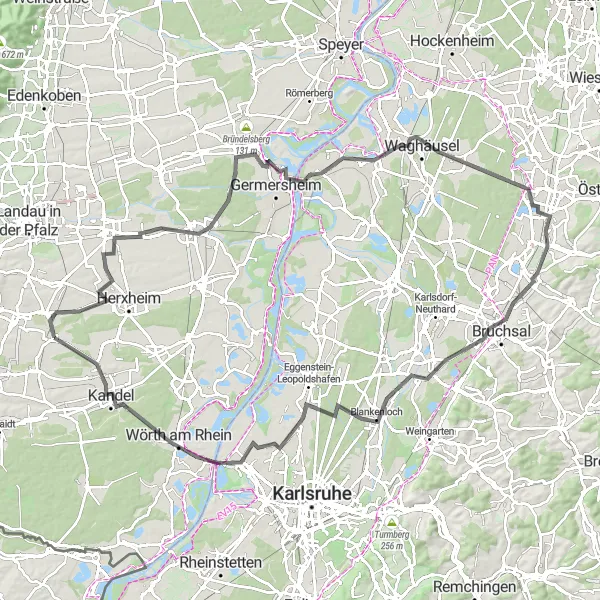 Karten-Miniaturansicht der Radinspiration "Rundtour über 114 km zwischen Knittelsheim und Wörth am Rhein" in Rheinhessen-Pfalz, Germany. Erstellt vom Tarmacs.app-Routenplaner für Radtouren