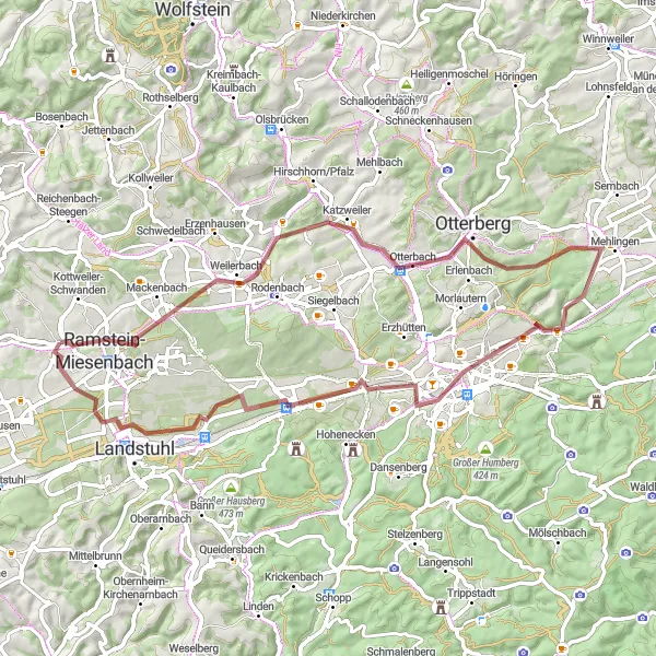 Map miniature of "Weilerbach and Mehlingen Gravel Loop" cycling inspiration in Rheinhessen-Pfalz, Germany. Generated by Tarmacs.app cycling route planner