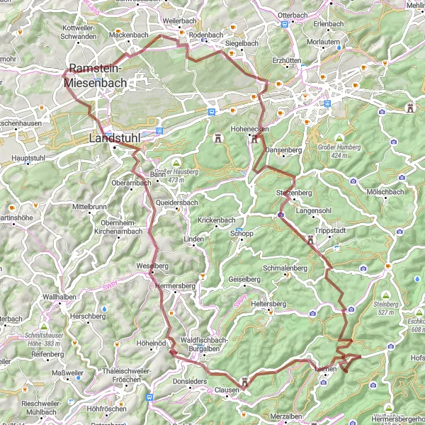 Map miniature of "Scharderkopf Gravel Adventure" cycling inspiration in Rheinhessen-Pfalz, Germany. Generated by Tarmacs.app cycling route planner