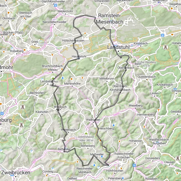 Karten-Miniaturansicht der Radinspiration "Panorama-Tour durch die Westpfalz" in Rheinhessen-Pfalz, Germany. Erstellt vom Tarmacs.app-Routenplaner für Radtouren