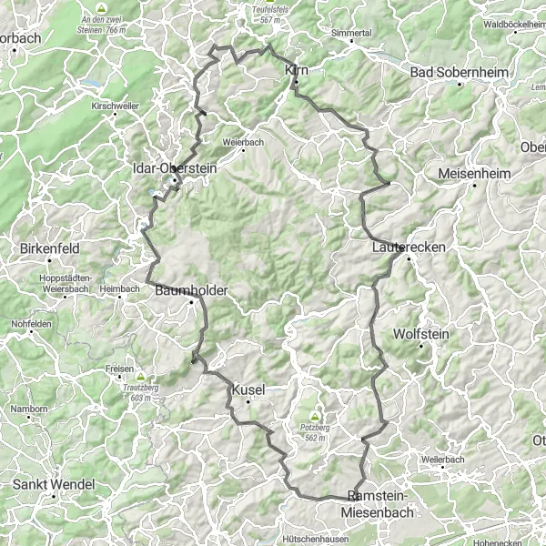 Map miniature of "Hills and Valleys Road Ride" cycling inspiration in Rheinhessen-Pfalz, Germany. Generated by Tarmacs.app cycling route planner
