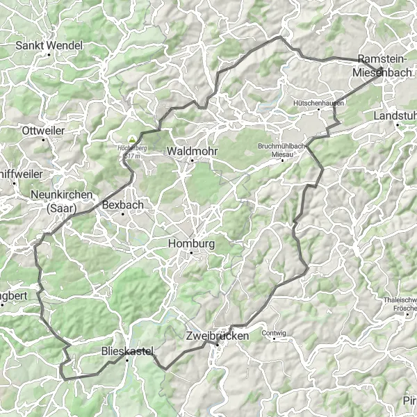 Karten-Miniaturansicht der Radinspiration "Rund um den Höcherberg" in Rheinhessen-Pfalz, Germany. Erstellt vom Tarmacs.app-Routenplaner für Radtouren