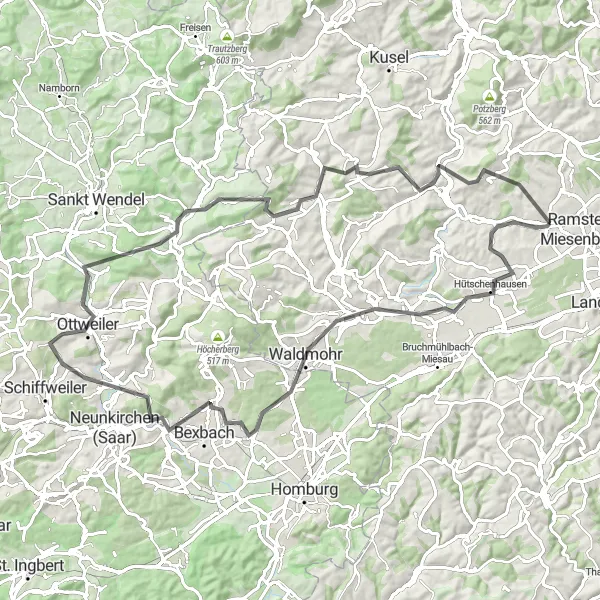 Map miniature of "Ottweiler and Herschweiler-Pettersheim Road Loop" cycling inspiration in Rheinhessen-Pfalz, Germany. Generated by Tarmacs.app cycling route planner