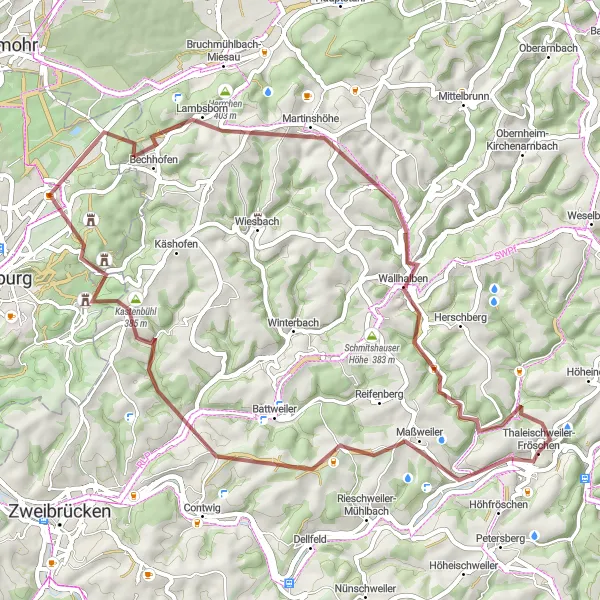 Map miniature of "Lambsborn and Karlsberg Gravel Loop" cycling inspiration in Rheinhessen-Pfalz, Germany. Generated by Tarmacs.app cycling route planner