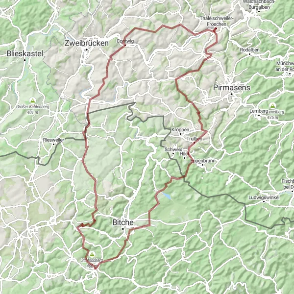Map miniature of "Challenging Gravel Adventure" cycling inspiration in Rheinhessen-Pfalz, Germany. Generated by Tarmacs.app cycling route planner
