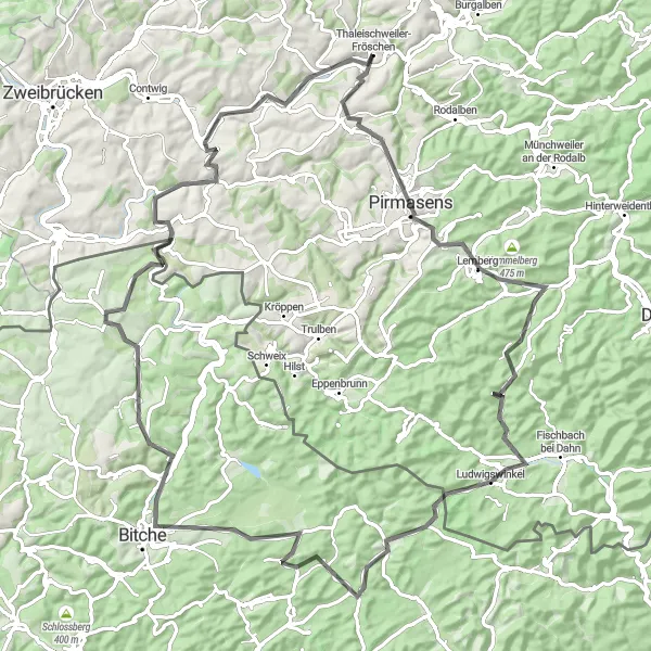 Karten-Miniaturansicht der Radinspiration "Rundweg durch Pirmasens und Bitche" in Rheinhessen-Pfalz, Germany. Erstellt vom Tarmacs.app-Routenplaner für Radtouren