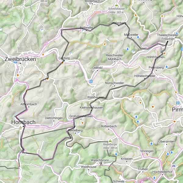 Map miniature of "The Ridge Ride" cycling inspiration in Rheinhessen-Pfalz, Germany. Generated by Tarmacs.app cycling route planner