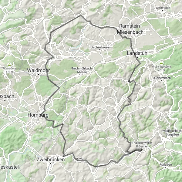 Karten-Miniaturansicht der Radinspiration "Tour durch Homburg und Landstuhl" in Rheinhessen-Pfalz, Germany. Erstellt vom Tarmacs.app-Routenplaner für Radtouren