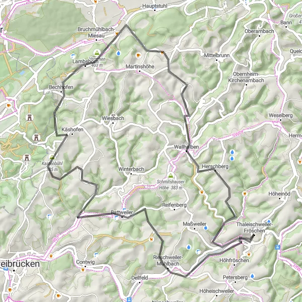 Map miniature of "The Hilltop Adventure" cycling inspiration in Rheinhessen-Pfalz, Germany. Generated by Tarmacs.app cycling route planner