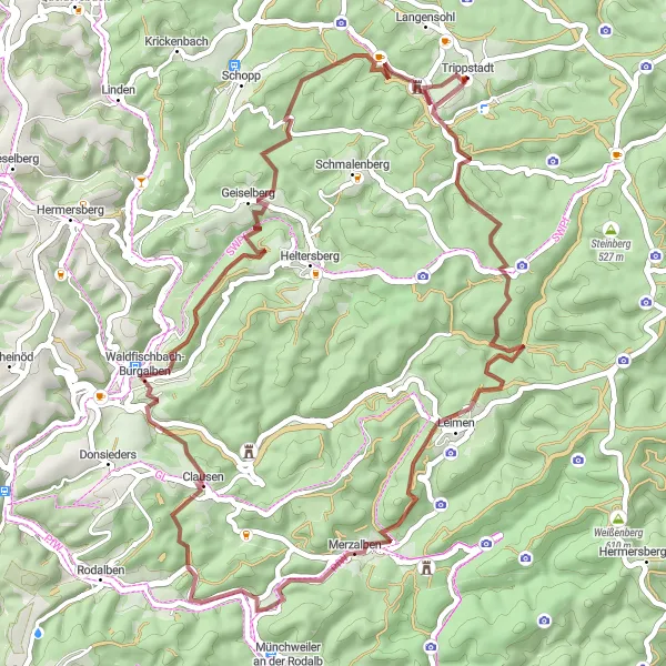 Map miniature of "Gravel Adventure in Rheinhessen-Pfalz" cycling inspiration in Rheinhessen-Pfalz, Germany. Generated by Tarmacs.app cycling route planner