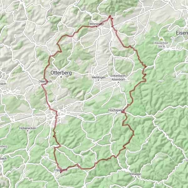 Map miniature of "Trippstadt - Pfaffenberg - Imsbach - Drei-Länder-Eck - Fischbach - Leiterberg" cycling inspiration in Rheinhessen-Pfalz, Germany. Generated by Tarmacs.app cycling route planner