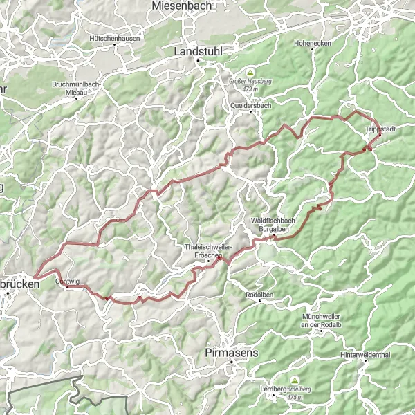 Map miniature of "Trippstadt - Schmalenberg - Dachsberg - Dellfeld - Wallhalben - Ritterstein 106" cycling inspiration in Rheinhessen-Pfalz, Germany. Generated by Tarmacs.app cycling route planner