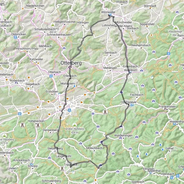 Map miniature of "Trippstadt Loop" cycling inspiration in Rheinhessen-Pfalz, Germany. Generated by Tarmacs.app cycling route planner