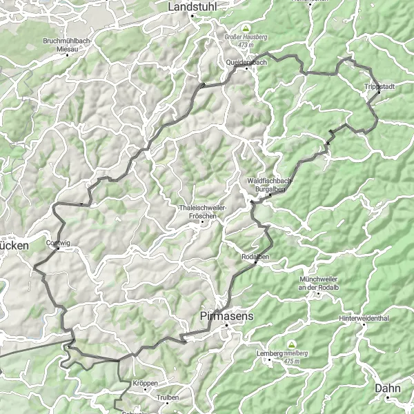 Map miniature of "Querberg - Waldfischbach-Burgalben - Rodalben - Steinberg - Contwig - Steinkopf - Judenhübel - Trippstadt" cycling inspiration in Rheinhessen-Pfalz, Germany. Generated by Tarmacs.app cycling route planner