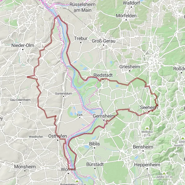 Map miniature of "Undenheim Extended Gravel Adventure" cycling inspiration in Rheinhessen-Pfalz, Germany. Generated by Tarmacs.app cycling route planner