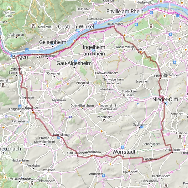 Map miniature of "Undenheim Gravel Adventure" cycling inspiration in Rheinhessen-Pfalz, Germany. Generated by Tarmacs.app cycling route planner