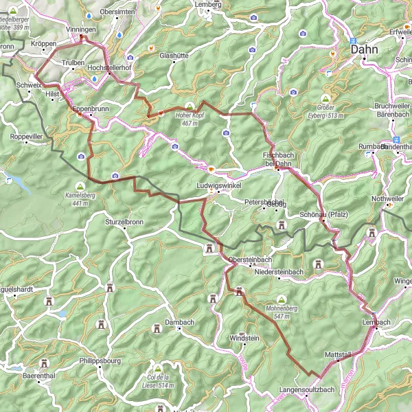 Map miniature of "Vinningen Gravel Adventure" cycling inspiration in Rheinhessen-Pfalz, Germany. Generated by Tarmacs.app cycling route planner