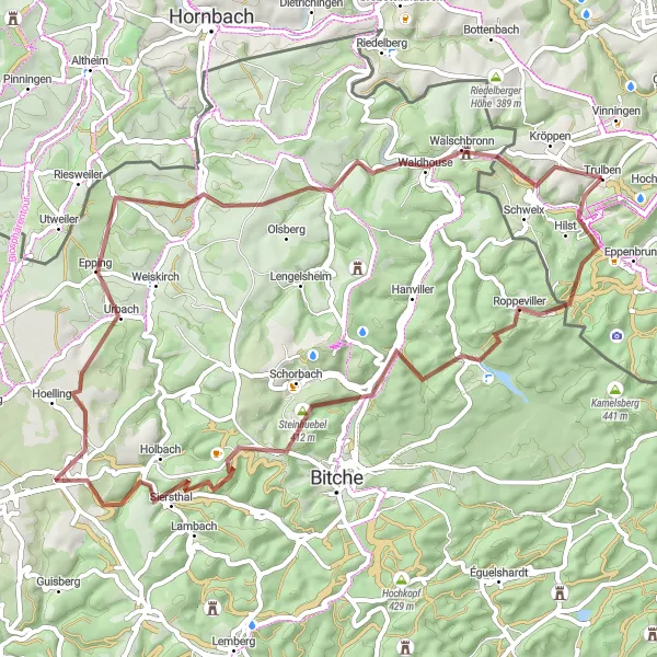 Map miniature of "Rheinhessen-Pfalz Gravel Cycling Route" cycling inspiration in Rheinhessen-Pfalz, Germany. Generated by Tarmacs.app cycling route planner