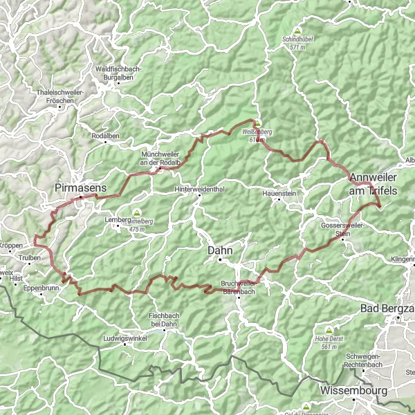 Map miniature of "Extreme Gravel Challenge: Pirmasens Circuit" cycling inspiration in Rheinhessen-Pfalz, Germany. Generated by Tarmacs.app cycling route planner